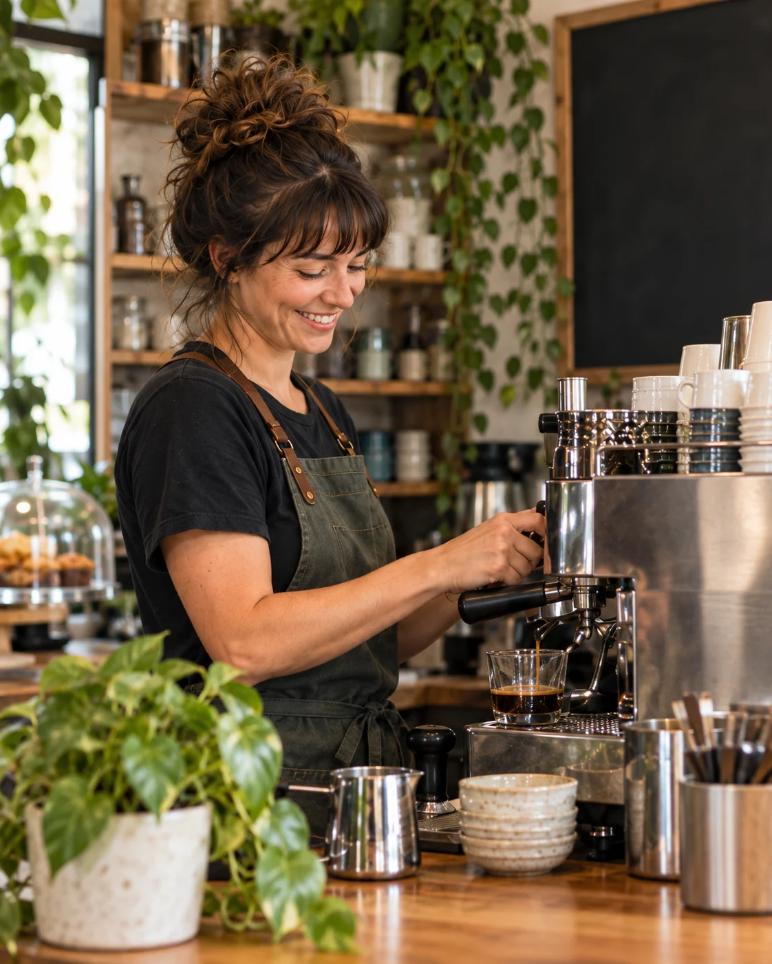A smiling barista making coffee in a welcoming neighborhood café