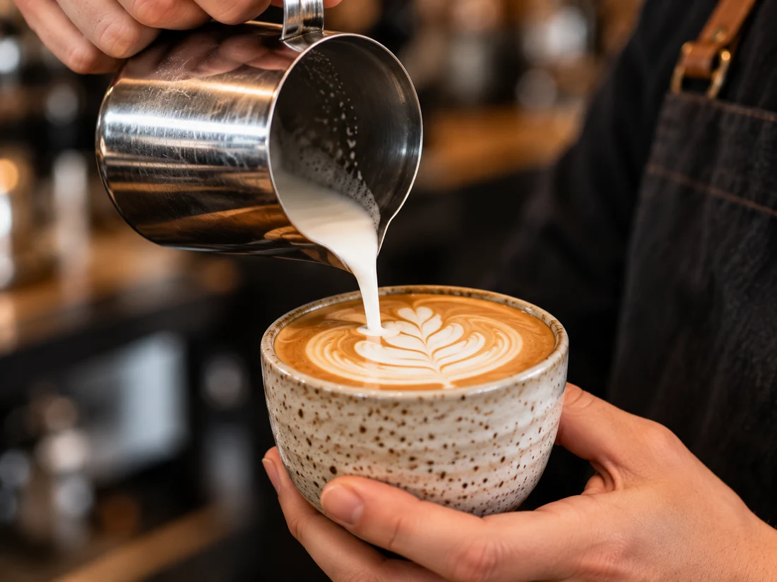 Milk poured into a speckled cup to create leaf-shaped latte art