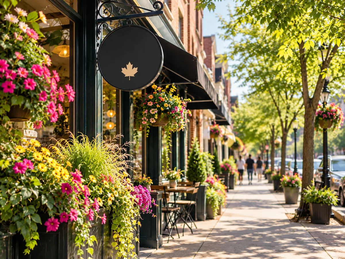 A leafy main-street storefront filled with colorful flowers